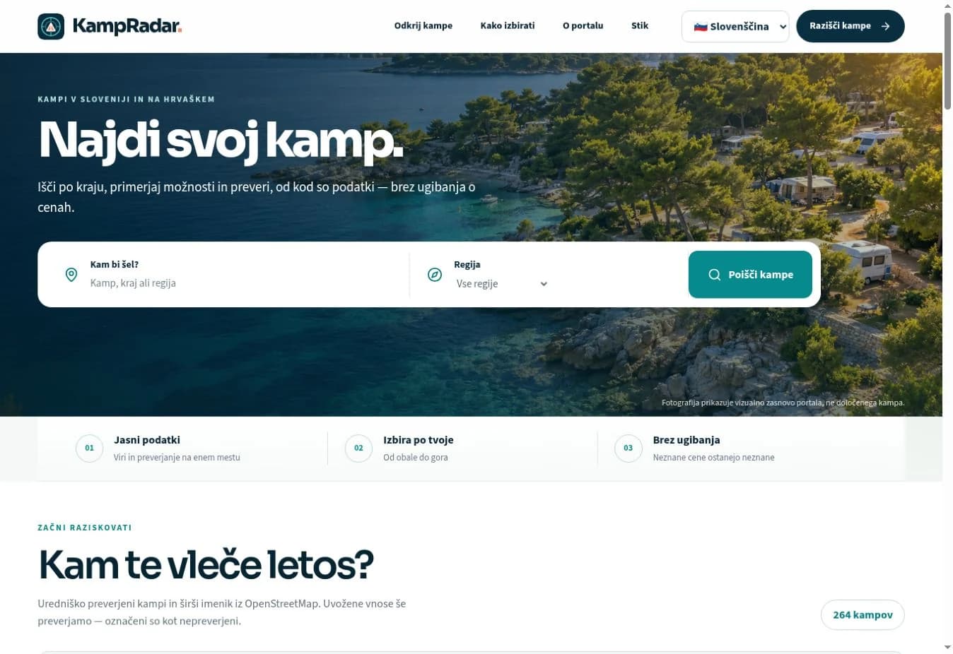 Začetna stran portala KampRadar z iskalnikom kampov
